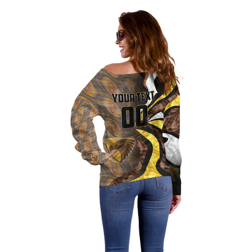 Personalised Hawthorn Hawks Off Shoulder Sweater Trippy Psychedelic Abstract Art Mascot Football Fans