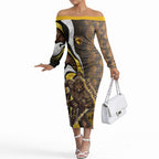 Personalised Hawthorn Hawks Off The Shoulder Long Sleeve Dress Trippy Psychedelic Abstract Art Mascot Football Fans