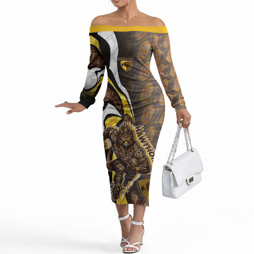Personalised Hawthorn Hawks Off The Shoulder Long Sleeve Dress Trippy Psychedelic Abstract Art Mascot Football Fans