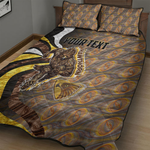 Personalised Hawthorn Hawks Quilt Bed Set Trippy Psychedelic Abstract Art Mascot Football Fans
