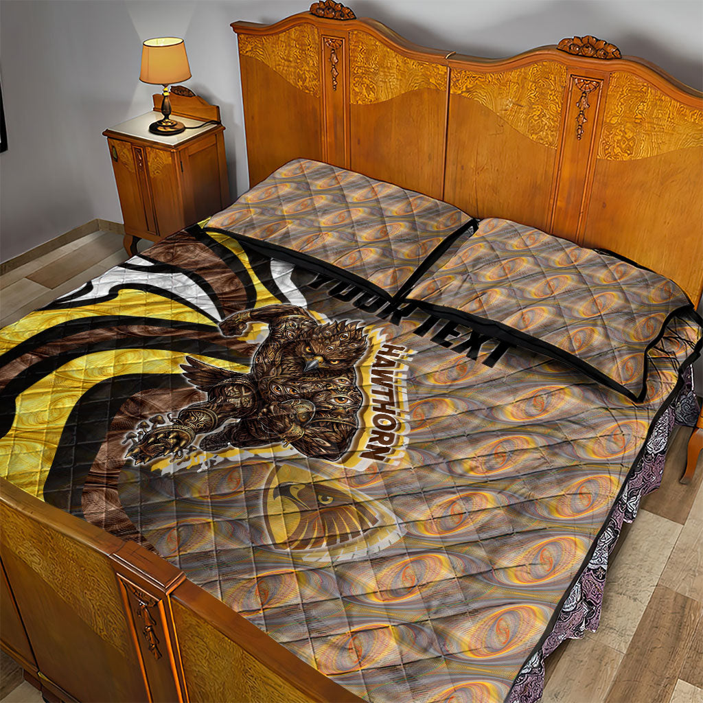 Personalised Hawthorn Hawks Quilt Bed Set Trippy Psychedelic Abstract Art Mascot Football Fans