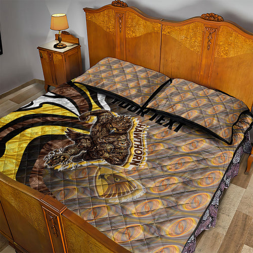 Personalised Hawthorn Hawks Quilt Bed Set Trippy Psychedelic Abstract Art Mascot Football Fans