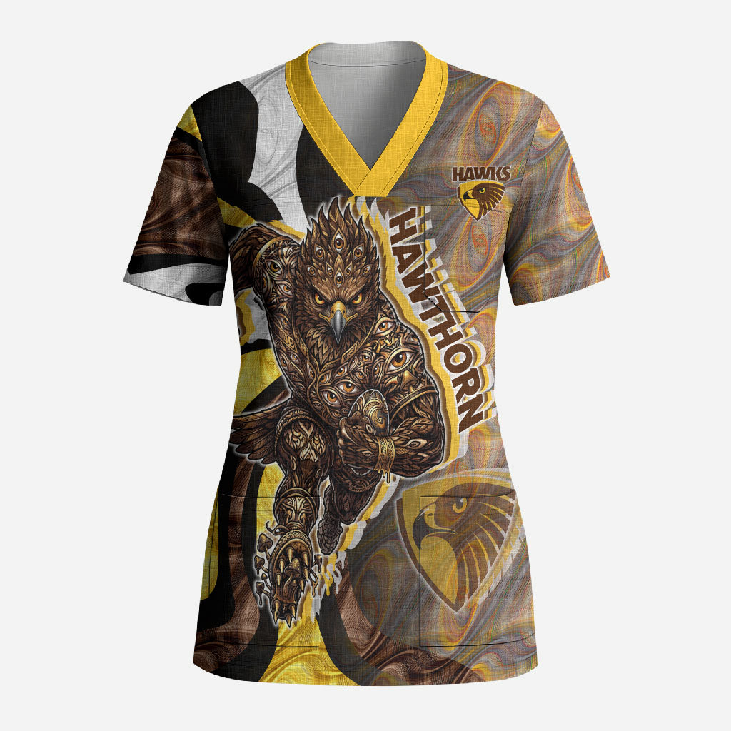 Personalised Hawthorn Hawks Scrub Top Trippy Psychedelic Abstract Art Mascot Football Fans