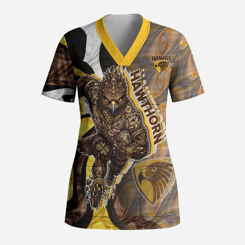 Personalised Hawthorn Hawks Scrub Top Trippy Psychedelic Abstract Art Mascot Football Fans
