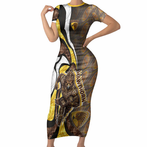 Personalised Hawthorn Hawks Short Sleeve Bodycon Dress Trippy Psychedelic Abstract Art Mascot Football Fans