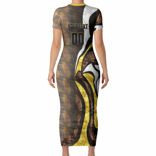 Personalised Hawthorn Hawks Short Sleeve Bodycon Dress Trippy Psychedelic Abstract Art Mascot Football Fans