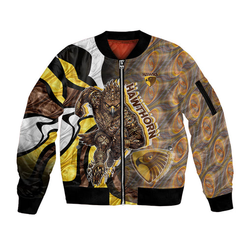 Personalised Hawthorn Hawks Sleeve Zip Bomber Jacket Trippy Psychedelic Abstract Art Mascot Football Fans