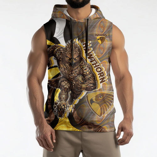 Personalised Hawthorn Hawks Sleeveless Hoodie Trippy Psychedelic Abstract Art Mascot Football Fans