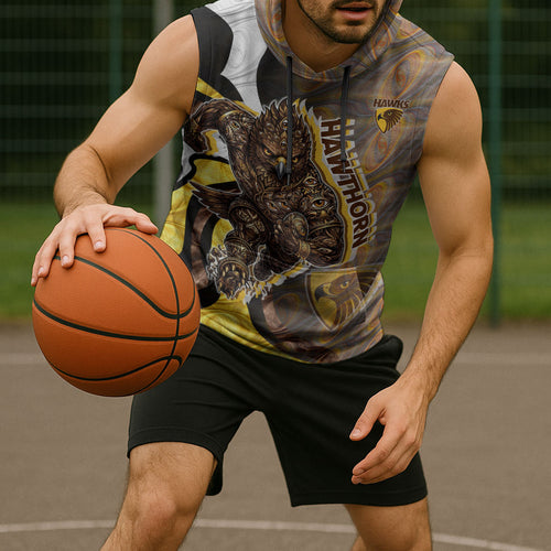 Personalised Hawthorn Hawks Sleeveless Hoodie Trippy Psychedelic Abstract Art Mascot Football Fans