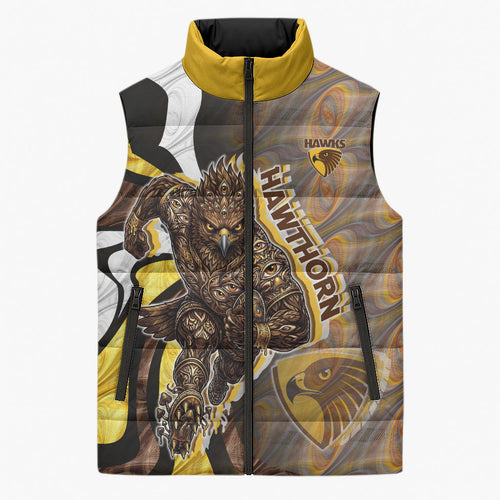 Personalised Hawthorn Hawks Sleeveless Puffer Jacket Trippy Psychedelic Abstract Art Mascot Football Fans