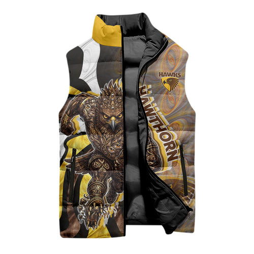 Personalised Hawthorn Hawks Sleeveless Puffer Jacket Trippy Psychedelic Abstract Art Mascot Football Fans
