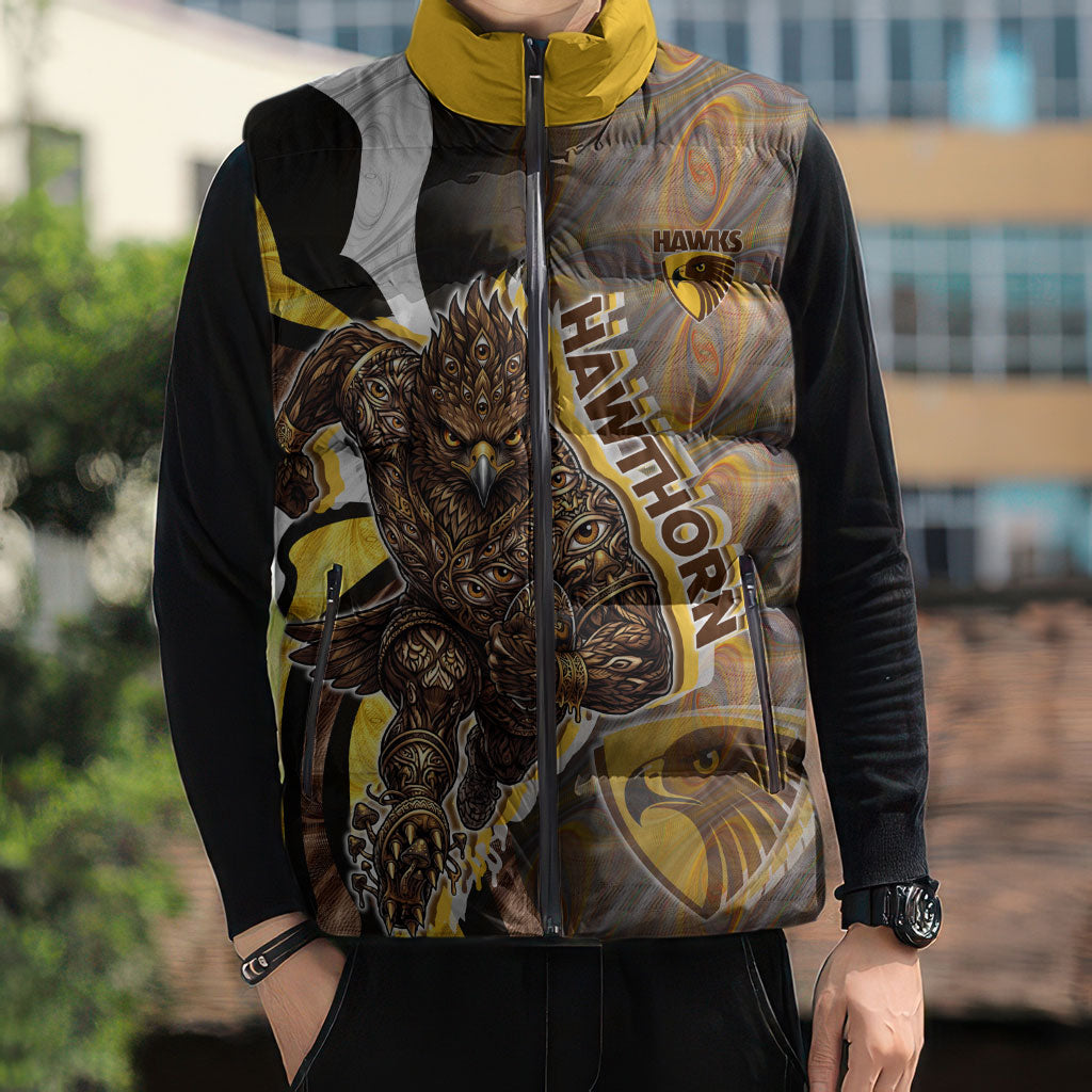 Personalised Hawthorn Hawks Sleeveless Puffer Jacket Trippy Psychedelic Abstract Art Mascot Football Fans