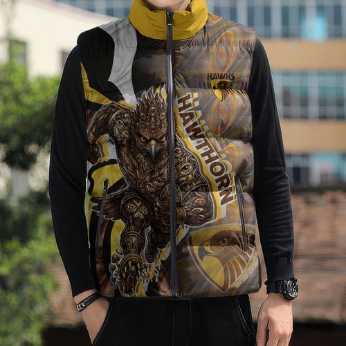 Personalised Hawthorn Hawks Sleeveless Puffer Jacket Trippy Psychedelic Abstract Art Mascot Football Fans