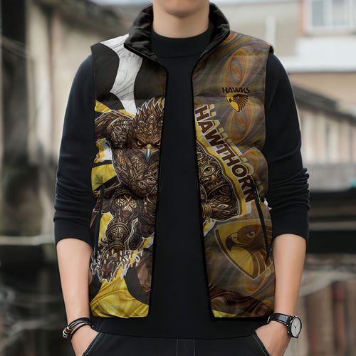 Personalised Hawthorn Hawks Sleeveless Puffer Jacket Trippy Psychedelic Abstract Art Mascot Football Fans