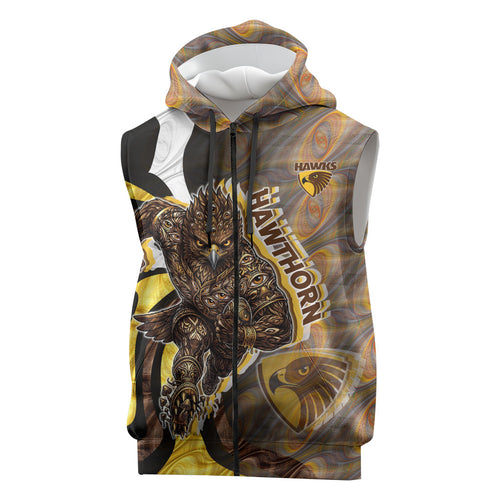 Personalised Hawthorn Hawks Sleeveless Zip Hoodie Trippy Psychedelic Abstract Art Mascot Football Fans
