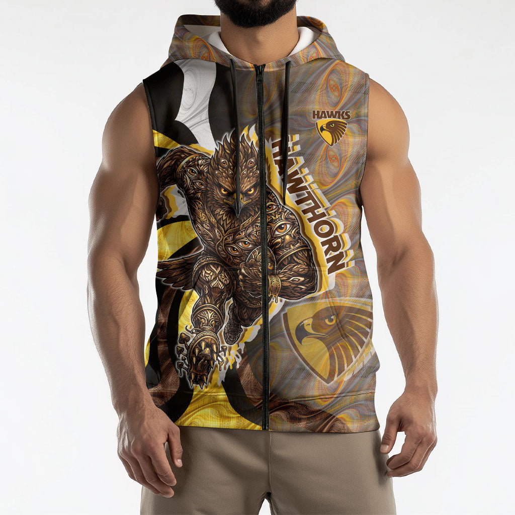 Personalised Hawthorn Hawks Sleeveless Zip Hoodie Trippy Psychedelic Abstract Art Mascot Football Fans