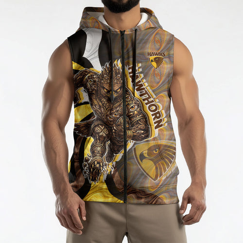 Personalised Hawthorn Hawks Sleeveless Zip Hoodie Trippy Psychedelic Abstract Art Mascot Football Fans