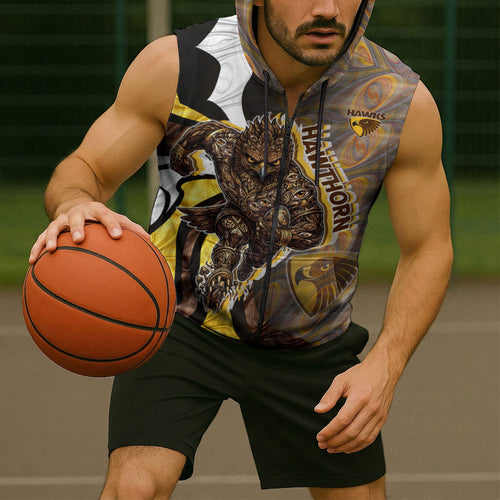 Personalised Hawthorn Hawks Sleeveless Zip Hoodie Trippy Psychedelic Abstract Art Mascot Football Fans