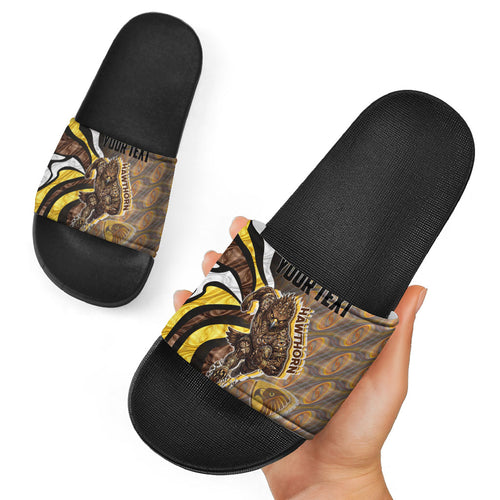Personalised Hawthorn Hawks Slide Sandals Trippy Psychedelic Abstract Art Mascot Football Fans