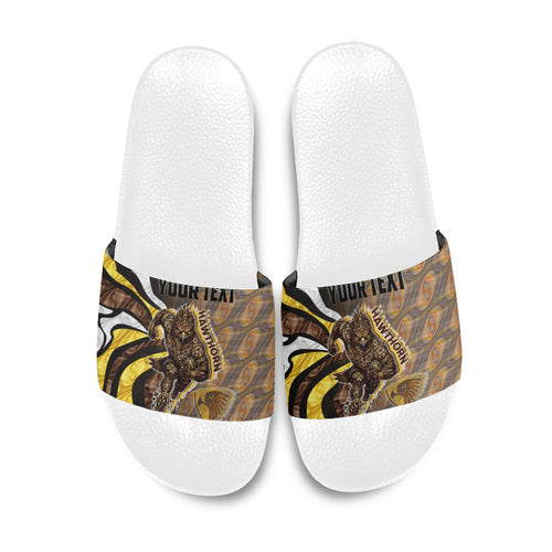 Personalised Hawthorn Hawks Slide Sandals Trippy Psychedelic Abstract Art Mascot Football Fans