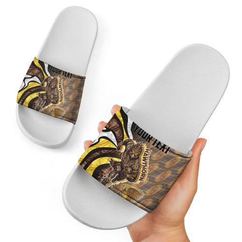 Personalised Hawthorn Hawks Slide Sandals Trippy Psychedelic Abstract Art Mascot Football Fans