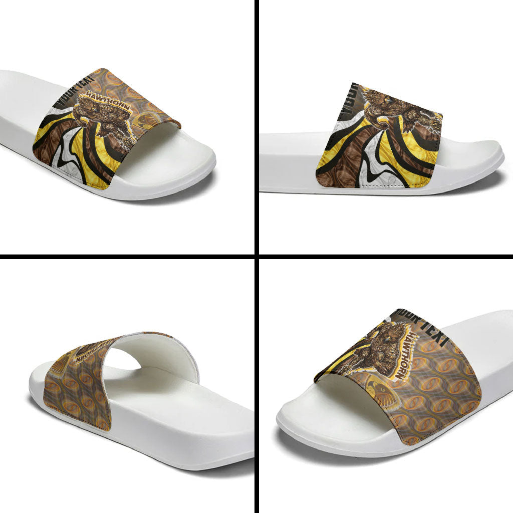 Personalised Hawthorn Hawks Slide Sandals Trippy Psychedelic Abstract Art Mascot Football Fans