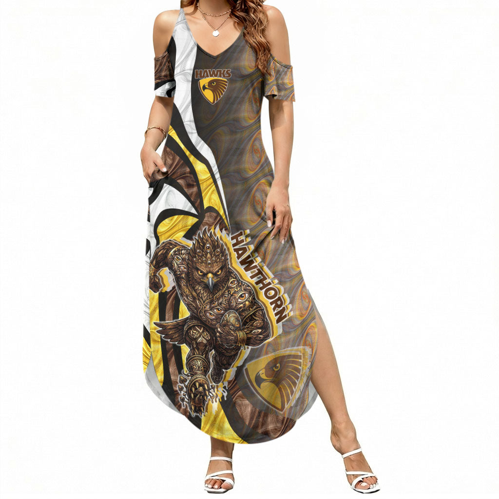 Personalised Hawthorn Hawks Summer Maxi Dress Trippy Psychedelic Abstract Art Mascot Football Fans