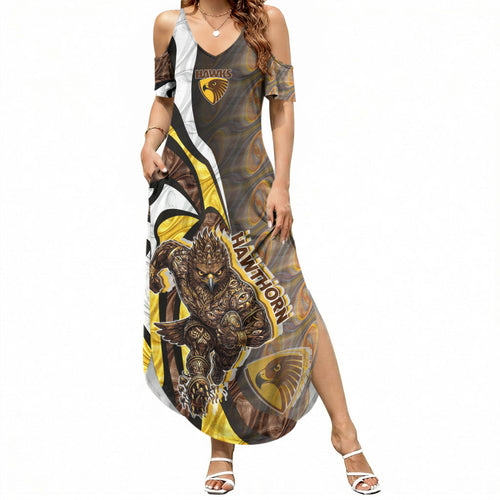 Personalised Hawthorn Hawks Summer Maxi Dress Trippy Psychedelic Abstract Art Mascot Football Fans