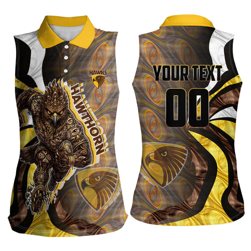 Personalised Hawthorn Hawks Women Sleeveless Polo Shirt Trippy Psychedelic Abstract Art Mascot Football Fans