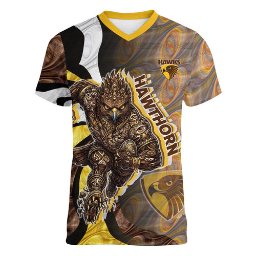 Personalised Hawthorn Hawks Women V-Neck T-Shirt Trippy Psychedelic Abstract Art Mascot Football Fans