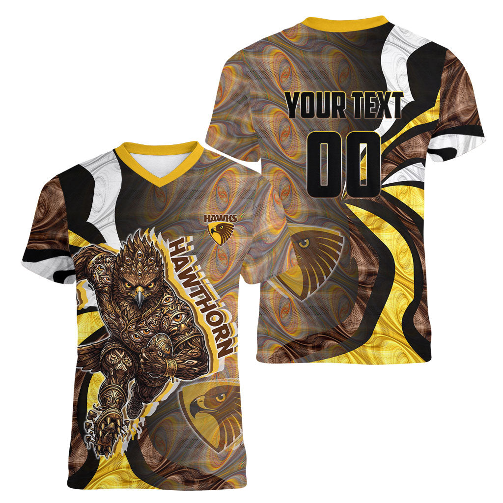 Personalised Hawthorn Hawks Women V-Neck T-Shirt Trippy Psychedelic Abstract Art Mascot Football Fans
