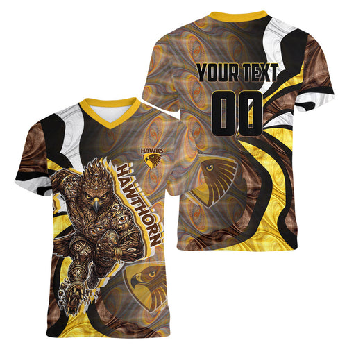 Personalised Hawthorn Hawks Women V-Neck T-Shirt Trippy Psychedelic Abstract Art Mascot Football Fans