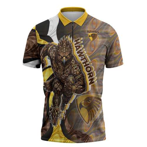 Personalised Hawthorn Hawks Zipper Polo Shirt Trippy Psychedelic Abstract Art Mascot Football Fans
