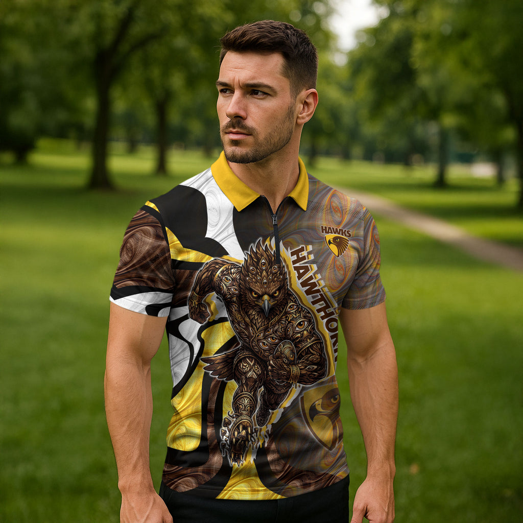 Personalised Hawthorn Hawks Zipper Polo Shirt Trippy Psychedelic Abstract Art Mascot Football Fans