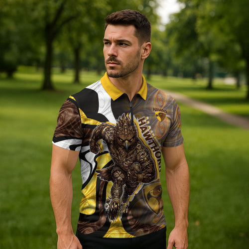 Personalised Hawthorn Hawks Zipper Polo Shirt Trippy Psychedelic Abstract Art Mascot Football Fans