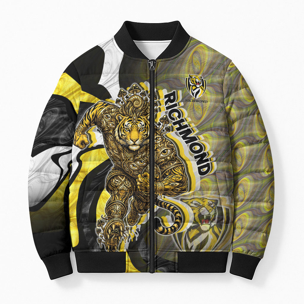 Personalised Richmond Tigers Bomber Puffer Jacket Trippy Psychedelic Abstract Art Mascot Football Fans