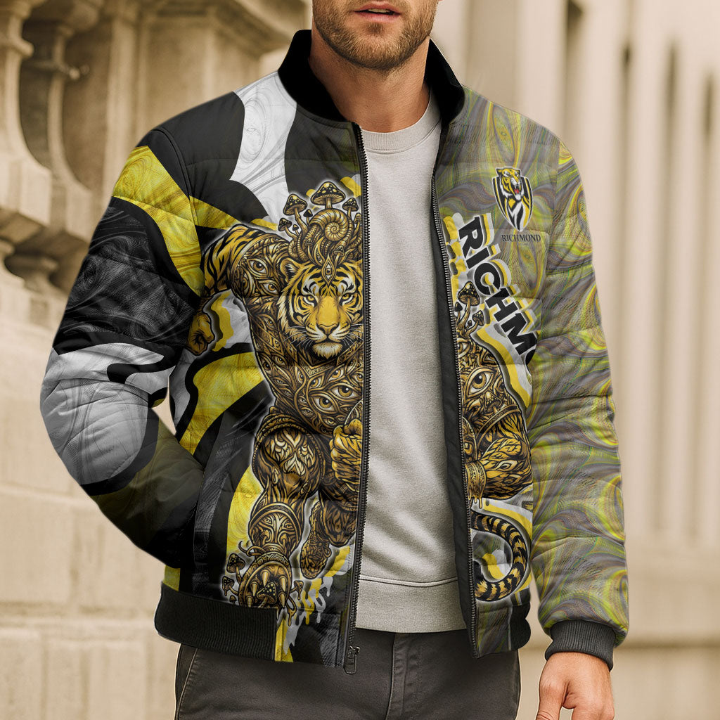 Personalised Richmond Tigers Bomber Puffer Jacket Trippy Psychedelic Abstract Art Mascot Football Fans