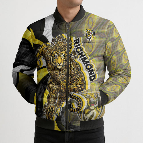 Personalised Richmond Tigers Bomber Puffer Jacket Trippy Psychedelic Abstract Art Mascot Football Fans