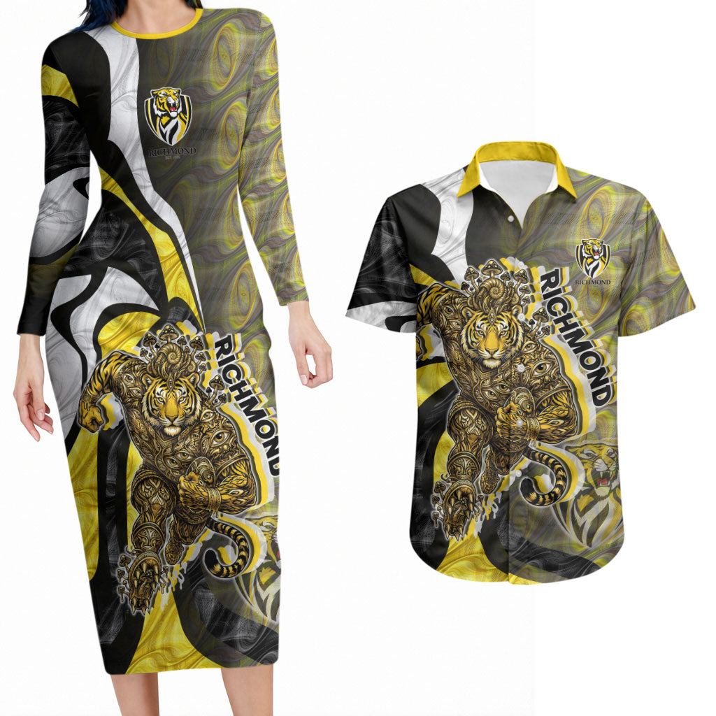 Personalised Richmond Tigers Couples Matching Long Sleeve Bodycon Dress and Hawaiian Shirt Trippy Psychedelic Abstract Art Mascot Football Fans