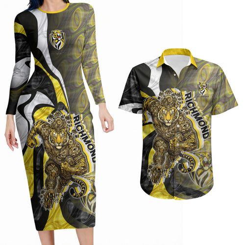 Personalised Richmond Tigers Couples Matching Long Sleeve Bodycon Dress and Hawaiian Shirt Trippy Psychedelic Abstract Art Mascot Football Fans