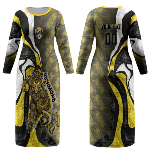 Personalised Richmond Tigers Couples Matching Long Sleeve Bodycon Dress and Hawaiian Shirt Trippy Psychedelic Abstract Art Mascot Football Fans