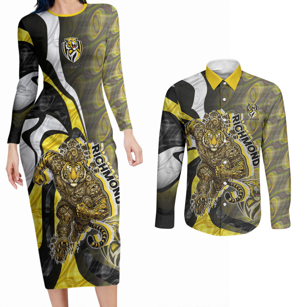 Personalised Richmond Tigers Couples Matching Long Sleeve Bodycon Dress and Long Sleeve Button Shirt Trippy Psychedelic Abstract Art Mascot Football Fans