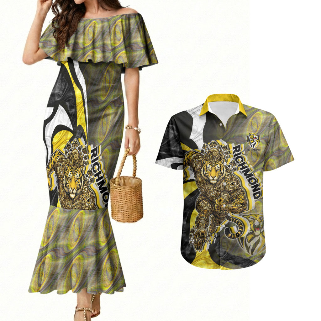 Personalised Richmond Tigers Couples Matching Mermaid Dress and Hawaiian Shirt Trippy Psychedelic Abstract Art Mascot Football Fans