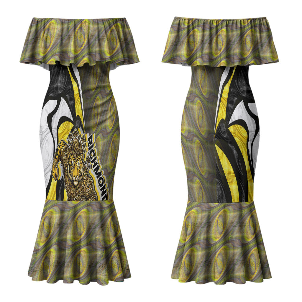 Personalised Richmond Tigers Couples Matching Mermaid Dress and Hawaiian Shirt Trippy Psychedelic Abstract Art Mascot Football Fans
