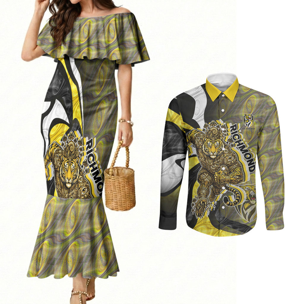 Personalised Richmond Tigers Couples Matching Mermaid Dress and Long Sleeve Button Shirt Trippy Psychedelic Abstract Art Mascot Football Fans