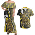 Personalised Richmond Tigers Couples Matching Off Shoulder Maxi Dress and Hawaiian Shirt Trippy Psychedelic Abstract Art Mascot Football Fans
