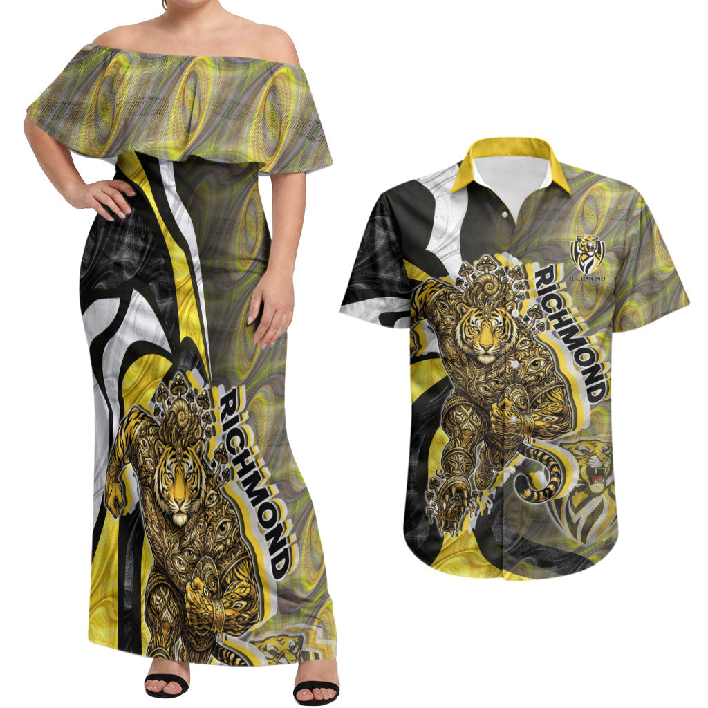 Personalised Richmond Tigers Couples Matching Off Shoulder Maxi Dress and Hawaiian Shirt Trippy Psychedelic Abstract Art Mascot Football Fans