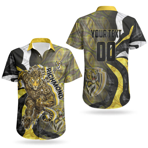 Personalised Richmond Tigers Couples Matching Off Shoulder Maxi Dress and Hawaiian Shirt Trippy Psychedelic Abstract Art Mascot Football Fans
