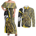 Personalised Richmond Tigers Couples Matching Off Shoulder Maxi Dress and Long Sleeve Button Shirt Trippy Psychedelic Abstract Art Mascot Football Fans