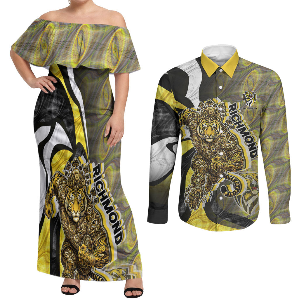 Personalised Richmond Tigers Couples Matching Off Shoulder Maxi Dress and Long Sleeve Button Shirt Trippy Psychedelic Abstract Art Mascot Football Fans